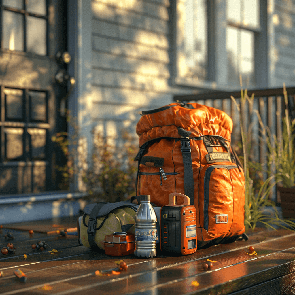 Survival gear including an orange bug-out bag, water bottle, and emergency supplies on a porch in a realistic outdoor scene.