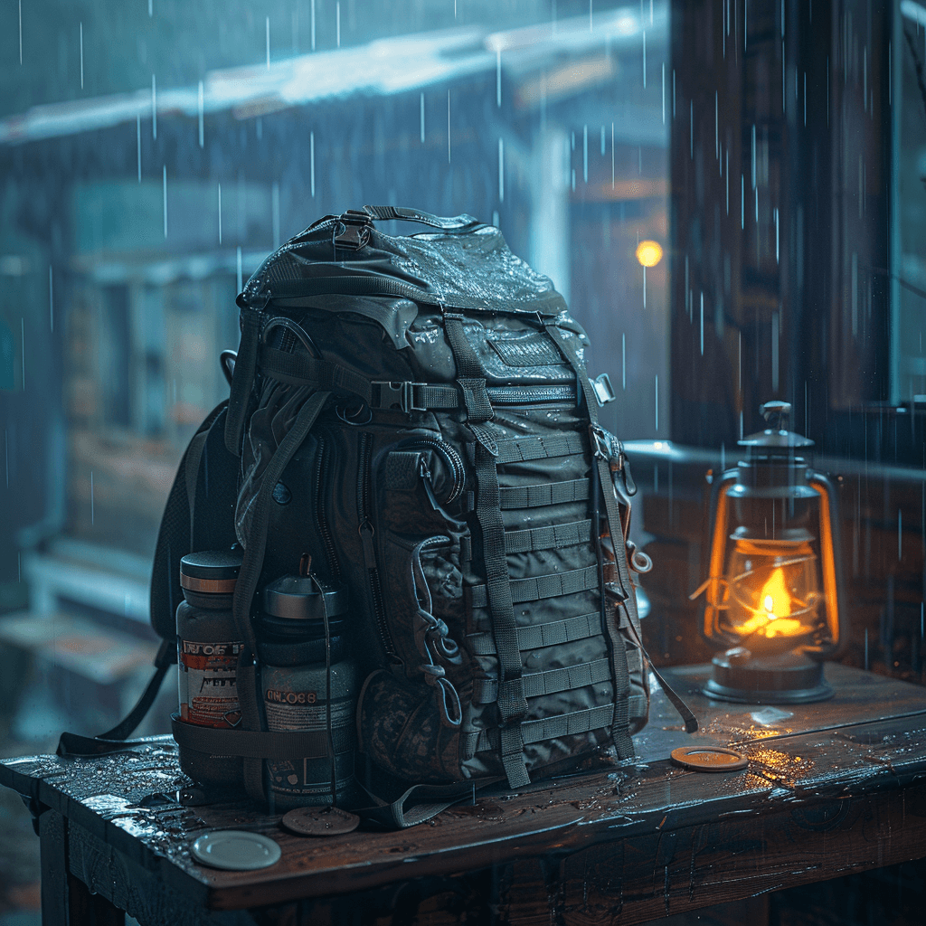 A waterproof tactical bug out bag in a rustic setting during rainfall, surrounded by survival gear essentials.