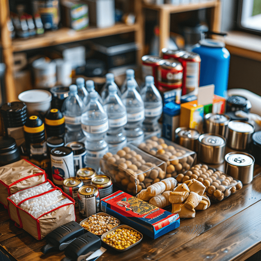 Hurricane preparedness supplies including canned food, bottled water, batteries, and emergency gear on a wooden table.