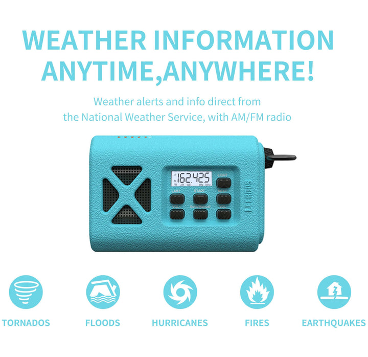 Leehoos Emergency NOAA Weather Radio in sky blue with AM/FM radio, providing weather alerts for tornadoes, floods, hurricanes, fires, and earthquakes.