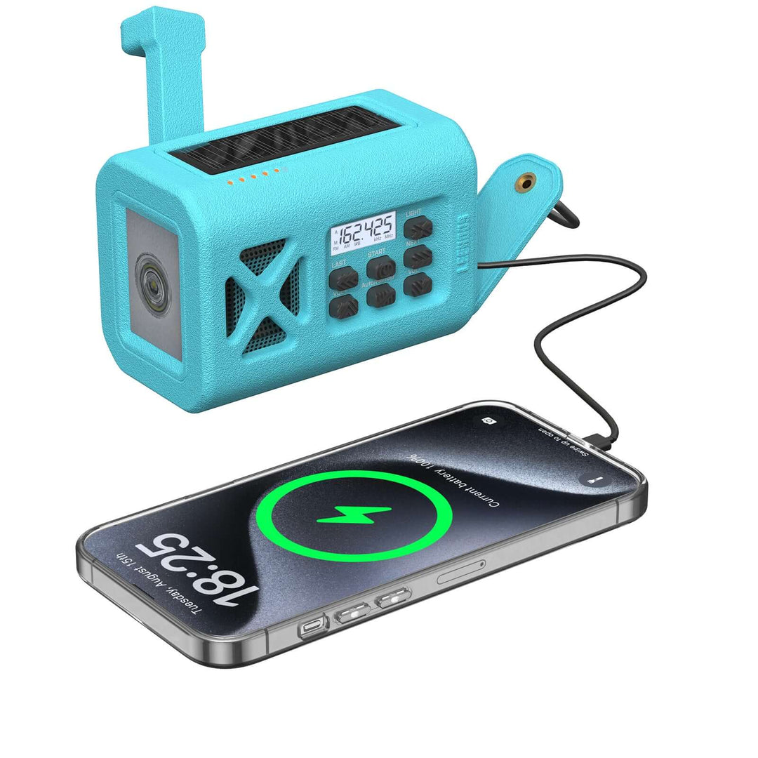 Sky blue Leehoos Emergency NOAA Weather Radio charging a smartphone via USB cable and power bank function.