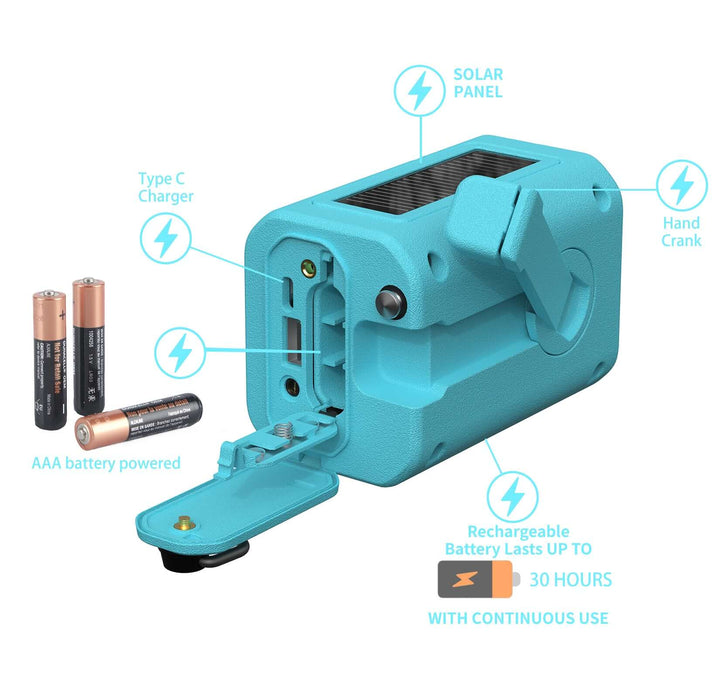 Leehoos Emergency NOAA Weather Radio features solar panel, hand crank, Type C charger, AAA batteries, and rechargeable battery lasting 30 hours