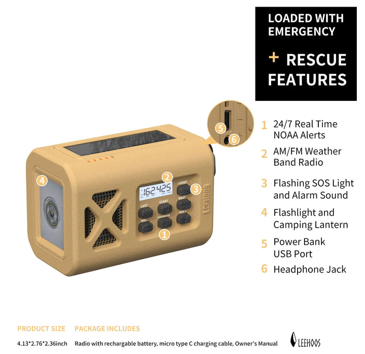 Leehoos Emergency NOAA Weather Radio in Beach Gold color with features including 24/7 weather alerts, AM/FM radio, SOS light, flashlight, power bank, headphone jack.