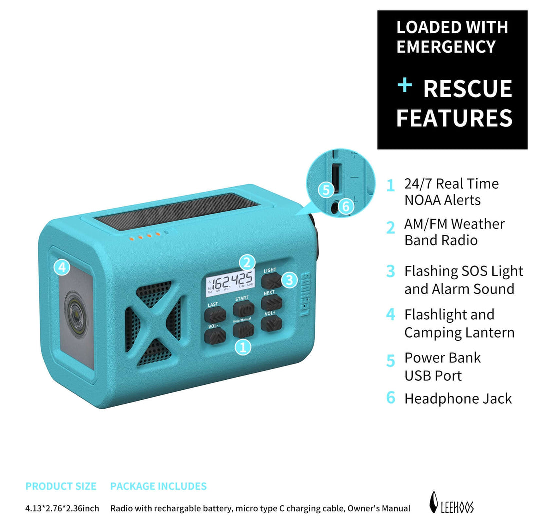 Leehoos Emergency NOAA Weather Radio with multiple rescue features including AM/FM, SOS light, USB port, and more in sky blue color.