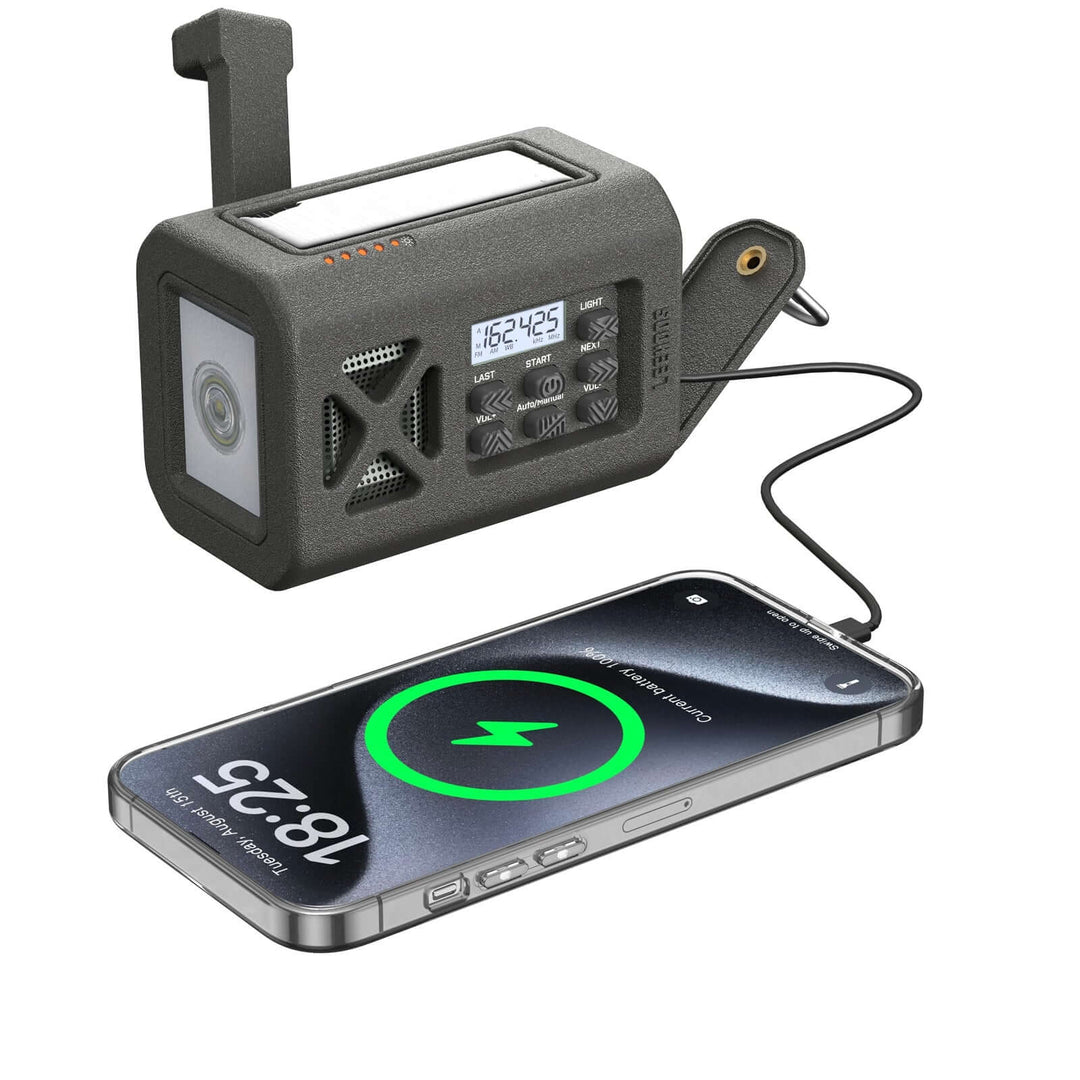 Leehoos Emergency NOAA Weather Radio charging a smartphone with power bank function, featuring hand crank and solar power options