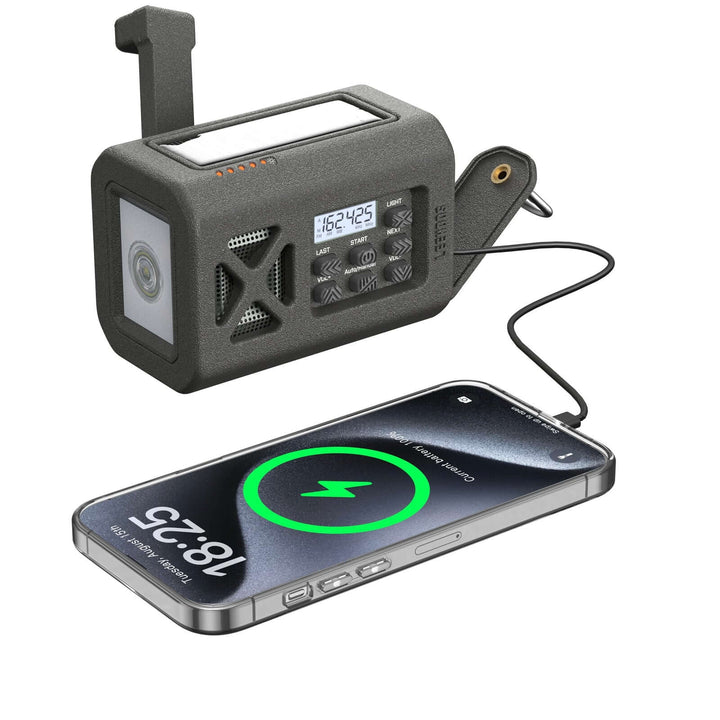 Leehoos Emergency NOAA Weather Radio charging a smartphone with power bank function, featuring hand crank and solar power options