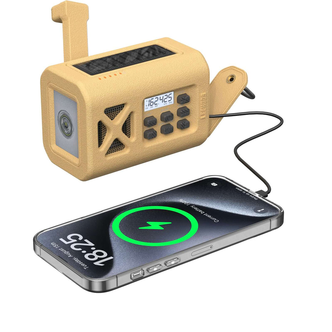 Leehoos Emergency Weather Radio with power bank charging a smartphone, Beach Gold color.