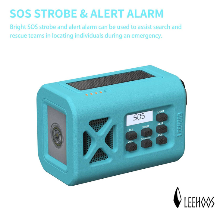 Sky blue Leehoos emergency weather radio with SOS strobe and alert alarm, useful in search and rescue during emergencies.