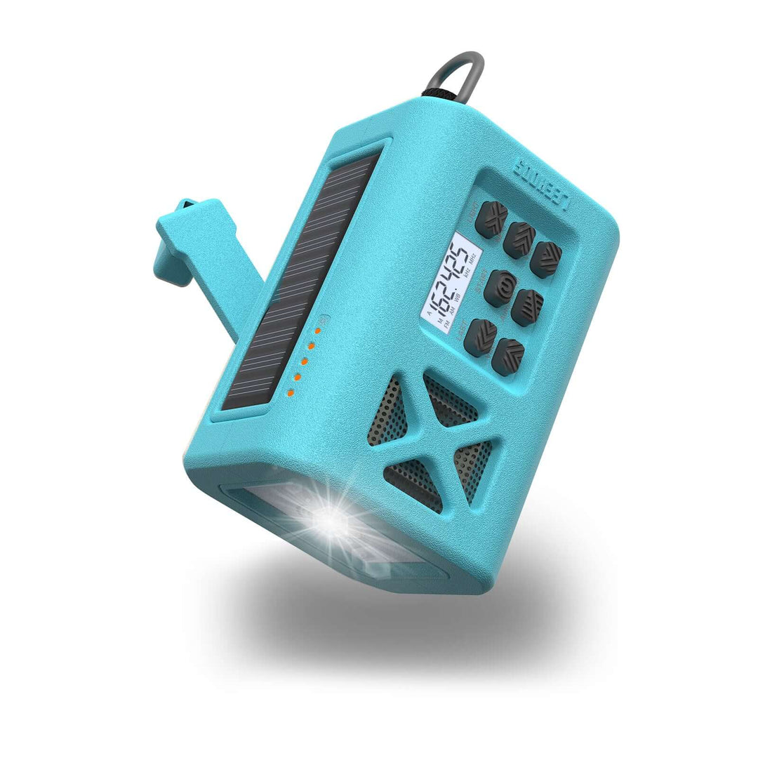 Sky blue Leehoos Emergency NOAA Weather Radio with hand crank, solar panel, flashlight, and multiple control buttons.