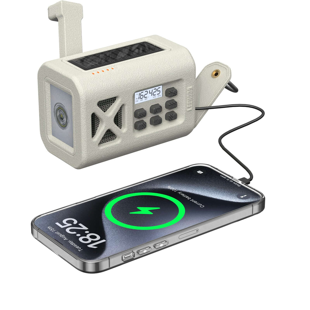 Leehoos Emergency NOAA Weather Radio in Cloud White charging a smartphone with power bank, hand crank and solar power features.