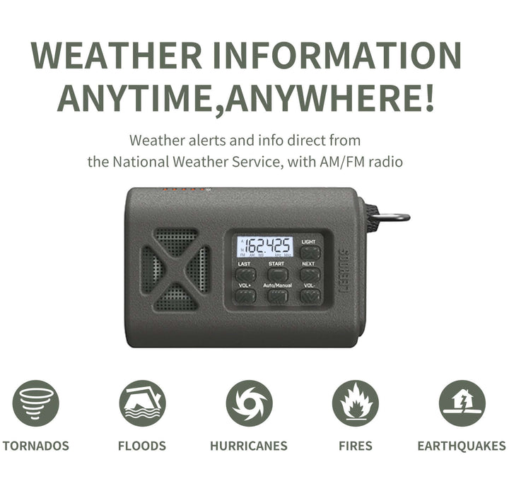 Leehoos Emergency NOAA Weather Radio displaying channels and weather alerts for tornados, floods, hurricanes, fires, and earthquakes.