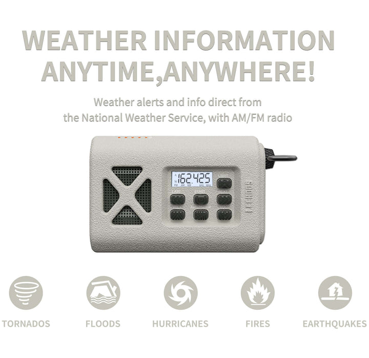 Leehoos Emergency NOAA Weather Radio providing real-time weather alerts for tornadoes, floods, hurricanes, fires, and earthquakes.