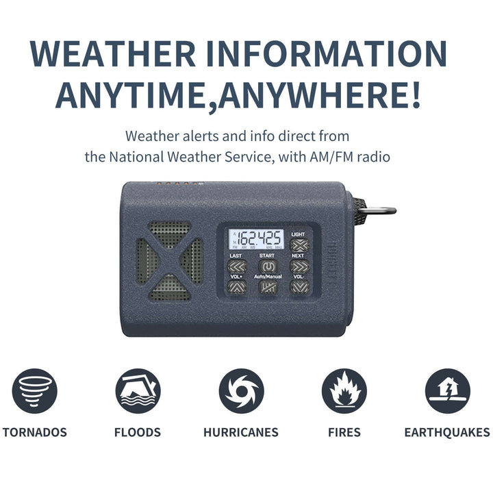 Leehoos Emergency NOAA Weather Radio displaying multiple emergency alert functions for tornadoes, floods, hurricanes, fires, and earthquakes.